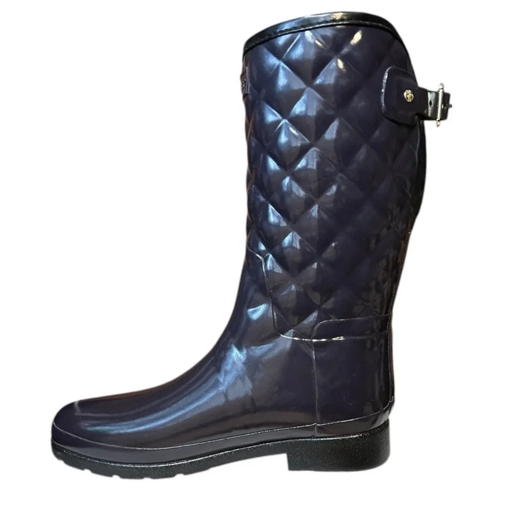 HUNTER Aubergine Refined Gloss Quilt Short Rain Boot sz 9 Gold Buckle Outdoor